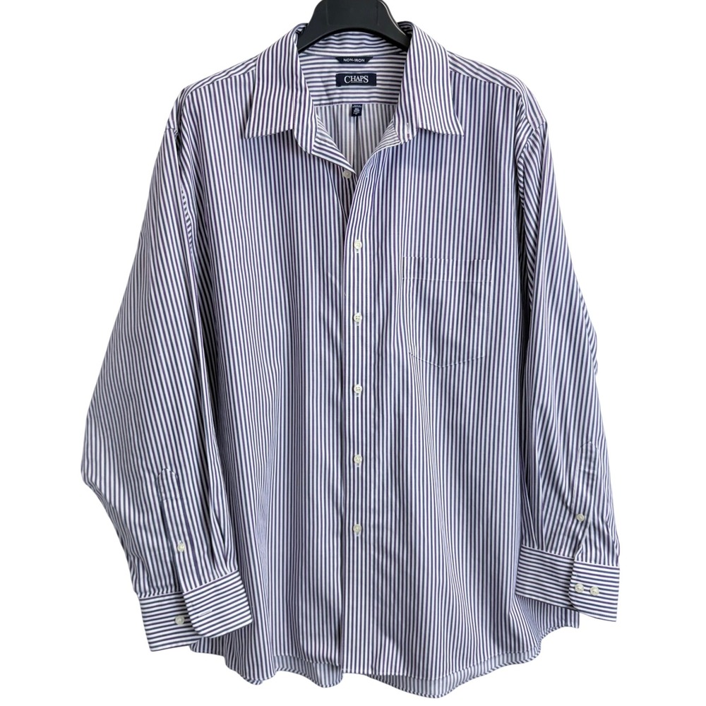 Chaps Non-Iron Cotton Striped Button Down Shirt 18.5 Purple Navy White Classic